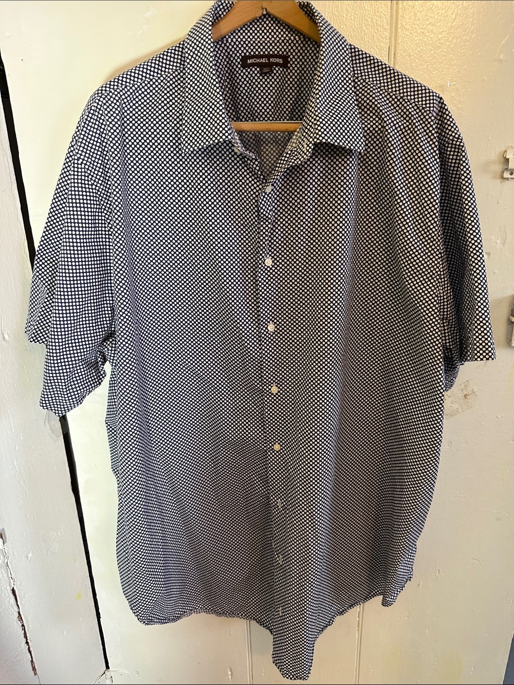 Michael Kors Navy and White Small Geo Print Short Sleeve Button-Up Shirt